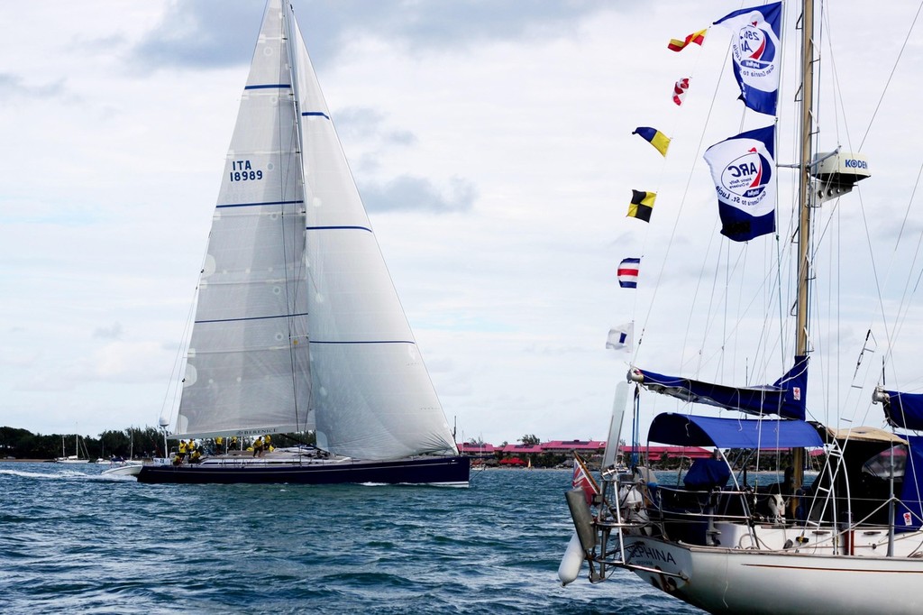 Swan 80 Berenice 1st to cross the ARC finish line in Rodney Bay Saint Lucia &copy; Nick Martin
